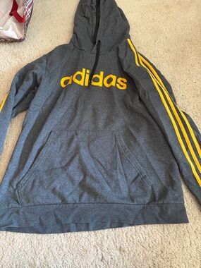adidas Charcoal Gray Zip-Up Hoodie with Yellow Logo and Stripes